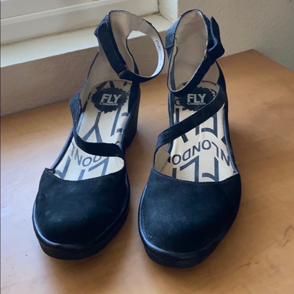 Fly London strappy black low wedge heels
